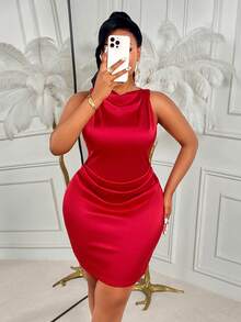 AIJ Đầm mini satin dáng chữ A trễ vai, xếp ly eo dành cho nữ cỡ lớn của Amarilo, thích hợp cho hẹn hò, dự tiệc và tiệc Giáng sinh. - Đỏ - Xem 4