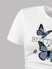 Bộ đồ bé gái in hình hoạt hình tay ngắn và chân váy denim - trắng - Xem 4