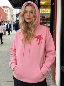 Pink Hoodies For Women Men Palm Tree Graphic Pullover Y2K Sweatshirt Casual Loose Fit Long Sleeve Hooded Top With Pocket - Hồng - Xem 12