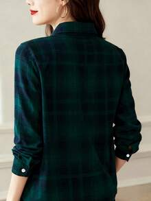 1 Áo sơ mi kẻ caro bằng polyester cài nút phía trước dành cho nữ, thích hợp cho các buổi hẹn hò, ngày lễ, mặc hàng ngày, mùa xuân/hè/thu - Màu xanh lá cây đậm - Xem 4