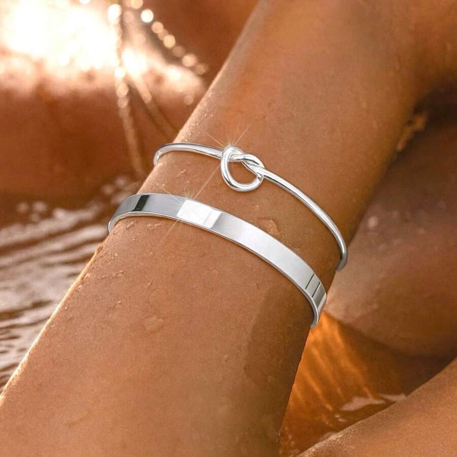 Set Of 2 Luxury Women's Bracelets: Heart-Shaped Knot Bracelet + Plain Metal Bracelet - 銀色 - 查看 1