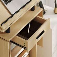 Rolling Lectern With Folding Side Panels, Laptop Table With Drawer And Shelves, Oak Finish - Mustard Yellow - View 6