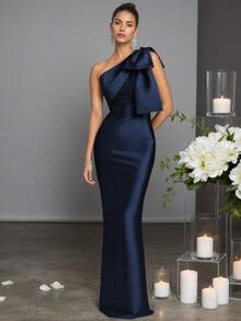 HOMEYEE 女士藏蓝色修身长款连衣裙，优雅纯色派对鸡尾酒会正式礼服，配有蝴蝶结细节 - 寶藍色 - 查看 8