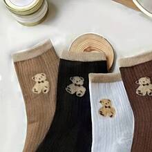 5-Piece Cute Teddy Bear Embroidered Socks For Both Men And Women - Soft Ribbed Knit, Multiple Colors, Suitable For Wearing All Seasons Lightweight And Soft - Nhiều màu - Xem 8