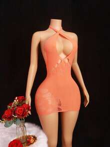 1件装女士橙色露背吊带镂空网纱连衣裙，性感修身休闲睡裙，适合日常穿着 - 橘色 - 查看 3