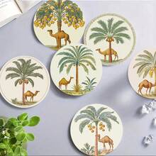 4个/6个/300个复古风格枣椰树骆驼图案印花硅藻泥杯垫，适用于家居装饰、咖啡店、下午茶、餐厅装饰、主题派对、日常装饰，也可作为礼物赠送。 - 彩色 - 查看 1