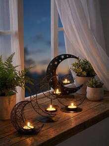 1个金属铁艺开斋节烛台，现代欧式风格新月形烛台装饰，桌面家居装饰，带星星、月亮、灯笼装饰，适合斋月和开斋节使用。 - 彩色 - 查看 5