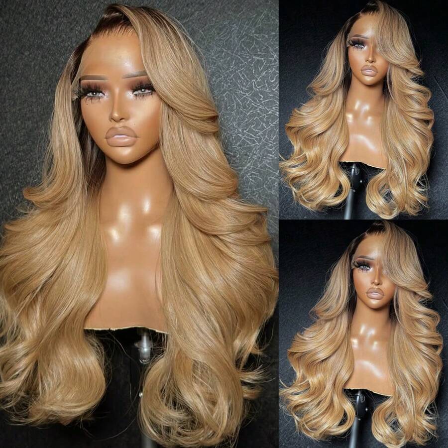 13X4 Free Part Ombre Pink Body Wave Synthetic Lace Front Wigs For Women 28 Inch Long Wavy Hair Wigs Glueless Soft Pink Ombre Colored Wigs Heat Resistant Christmas Wig Natural Long Wave Lace Front Wigs For Daily Party Cosplay Use - 漸變金色 - 查看 1