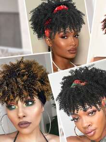 二合一非洲蓬松卷曲发带假发，带刘海，黑色/棕色/金色，女士合成半头假发 - 彩色 - 查看 11