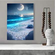 Moonlit Night Beach Canvas Art – Framed Wooden Wall Decor With Vibrant Blue & Purple Hues,  Crescent Moon & Twinkling Shoreline, Perfect For Living Room, Office, Or Bedroom – Indoor Wall Art Gift, Office Artwork |   Mystical Night Scene |   Highquality Print, Beach Theme Decor - Nhiều màu - Xem 8