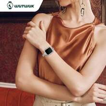 Brillante Correa  Mujer 44mm con Diamantes, Correa de Acero Inoxidable Delgada con Funda Protetora para  series 6 5 4 y  SE-Plata 44mm,36837528 - Naranja - Ver 2