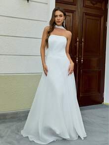 YUMIBRAVO 优雅婚纱、白色新娘礼服、无肩带女士婚纱、长款新娘礼服、舞会礼服、晚礼服、女士正式礼服、高贵新娘礼服、婚礼派对礼服 - 白色 - 查看 10