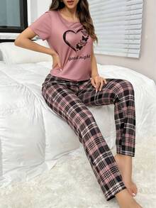 两件套心形印花粉色短袖格子裤睡衣套装，女士休闲家居服 - 粉色 - 查看 3