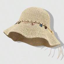 1pc Shell Decor Straw Bucket Hat For Women, Large Brim Sun Hat For Summer Beach Vacation Vacation Outfits - Multicolor - View 15