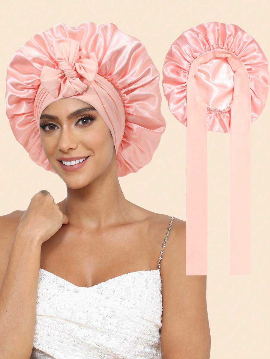Satin Bonnet Satin Bonnet For Sleeping Satin Sleep Cap Double Layer Hair Bonnet With Elastic Tie Band For Curly Hair Night Cap (Apricot Powder+Champagne) - 粉色 - 查看 1