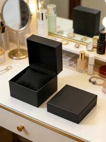 1pc Creative Minimalist High-End Watch Box, Solid Color Leather Texture Square Watch Packaging Gift Box With Pillow, Suitable For Watches, Bracelets, Jewelry, Valentine's Day Gift - Black - View 3