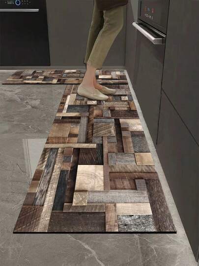 1 pièce Tapis de sol de cuisine en gel de silice, motif patchwork de planches de bois vintage. Combinaison de différentes nuances et textures de blocs de bois marron/marron grisâtre (carrés et rectangles), recréant la texture rétro d'un vieux patchwork de bois. Style mosaïque de faux bois rustique dans l'ensemble.