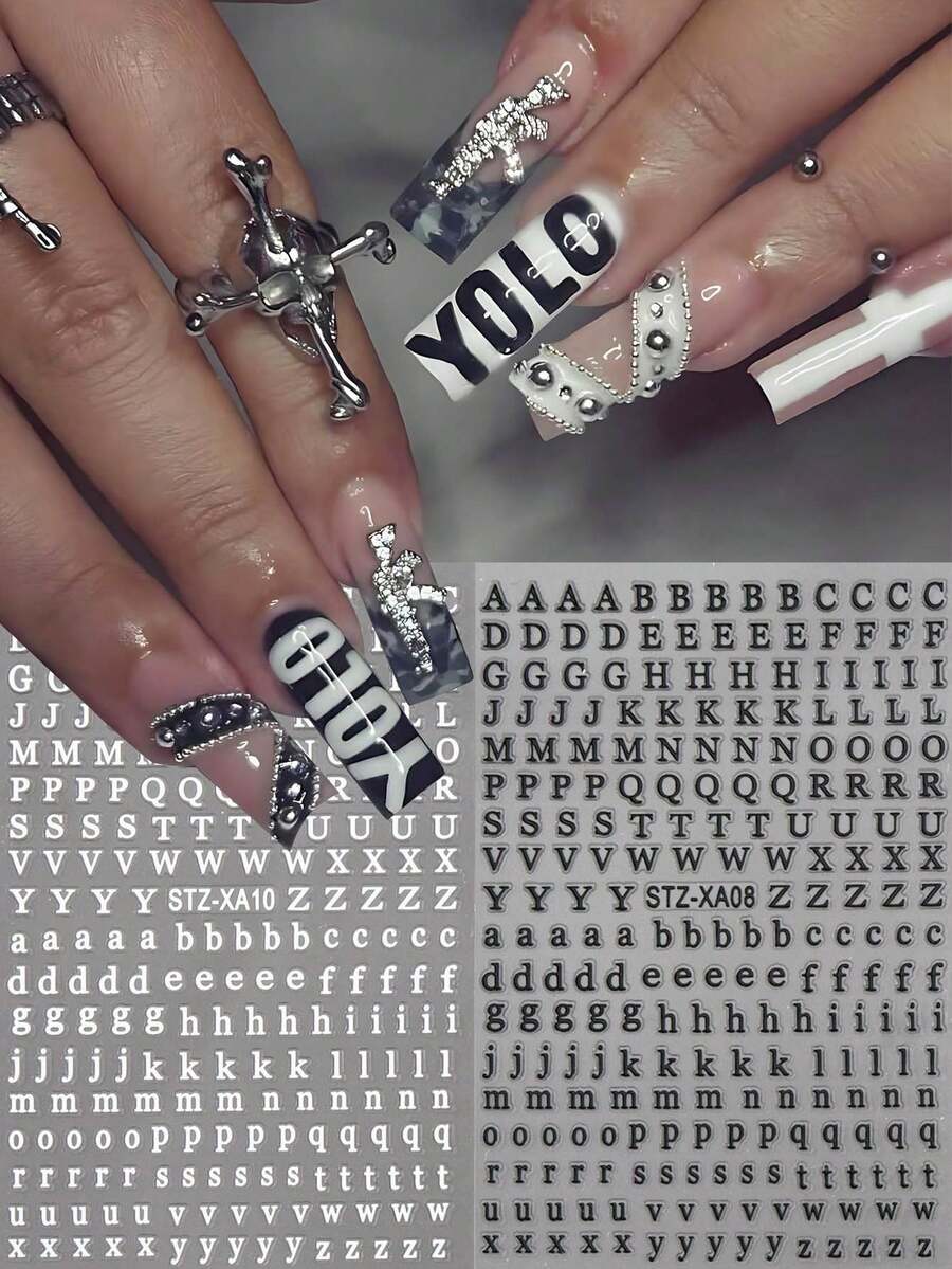 2张哥特朋克风英文字母美甲贴纸，Y2K美学个性化字母美甲贴花，摇滚自由风美甲用品 - 彩色 - 查看 1