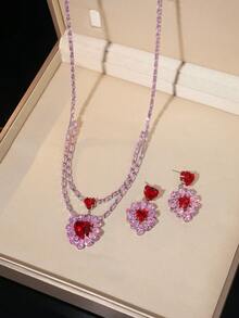 2pcs/Set Rhinestone Heart Pendant Necklace & Earrings Set, Double Layer Choker Necklace + Earrings, Luxury Jewelry For Date & Confession - Multicolor - View 8