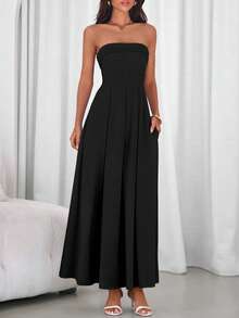 Cocktail Dresses For Women Summer Formal Elegant Tube Top Strapless Spring Wedding Guest Party Midi Dress - 黑色 - 查看 3