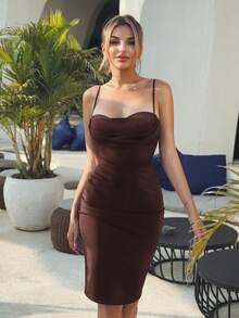 CurvySweet Elegant Draped Neck Chocolate Brown Midi Bodycon Slip Dress With Built-In Bra And Ruched Waist, Valentine's Day, Date Night, Cocktail, Party, Wedding Guest, Birthday - 巧克力棕 - 查看 3