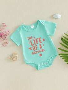 Baby Girl Summer Crew Neck Romper Short Sleeve Glitter Letter Print Sweet Jumpsuit - Celeste - Ver 4