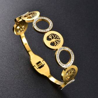 1pc Personalized 18k Gold-Plated Men Stainless Steel Gold-Plated Hollowed Out Tree Of Life Bracelet With Diamond Inlaid Circular Ring Design For Daily Wear