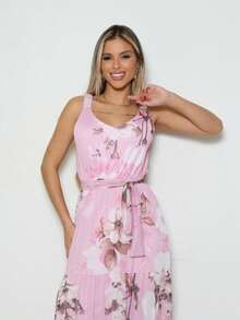Vestido longo REGATA de tule estampado floral sem bojo todo forrado ate joehlo festa casual - Rosa - Visão 5