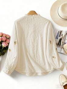 法式蕾丝边刺绣长袖衬衫，女士春夏穿搭，休闲半透明上衣 - 杏色 - 查看 3