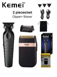 Kemei Bộ 2 món máy cắt tóc và cạo râu chuyên nghiệp, máy cắt tóc KM-2299 lưỡi chữ T 0mm, máy cạo râu KM-2024 lưỡi dao chuyển động tịnh tiến, bộ dụng cụ chăm sóc cá nhân hàng ngày dành cho nam giới, bộ dụng cụ tỉa và cạo râu chuyên nghiệp như ở salon. - màu đen - Xem 3