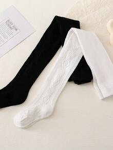 2pcs Japanese Style Girls' Simple Relief Diamond Patterned Tights - Black and White - View 8