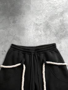 男士黑色侧条纹抽绳宽松休闲慢跑裤，带流苏 - 黑色 - 查看 6