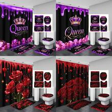 1pc/4pcs Valentine's Day Luxury Queen Style! Red Rose High Heel Shower Curtain Set, Includes 12 Hooks, Non-Slip Bath Mat, U-Shaped Toilet Seat Cover, Machine Washable, Artistic Design, Suitable For All Seasons, Valentine's Day Shower Curtain, Bathroom Decor - Multicolor - View 1