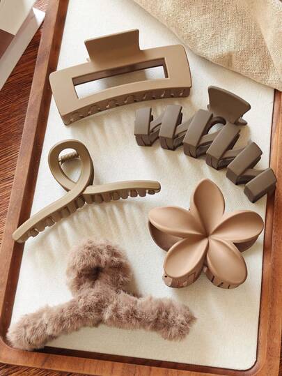 4个/1个 4.48英寸/11.4厘米 棕色纯色暖色调方形、罗纹、十字、花形塑料发夹，优雅简约，百搭实用，适合日常、休闲、派对、通勤、度假、扎马尾、盘发、洗脸、化妆等场合，是理想的服装配饰。毛绒发夹，优雅时尚，女士发饰。