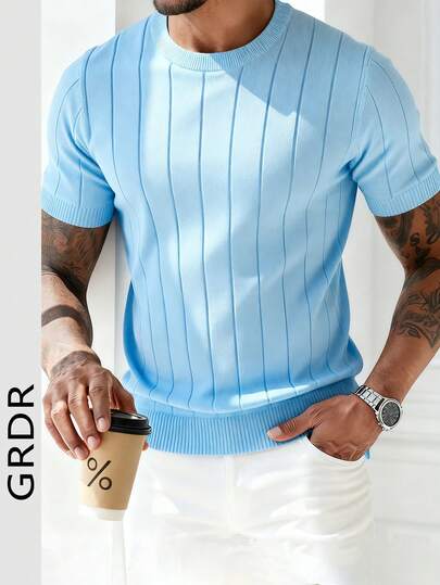  GRDR Men's Summer Ribbed Crew Neck Lightweight Knit Short Sleeve Sweater