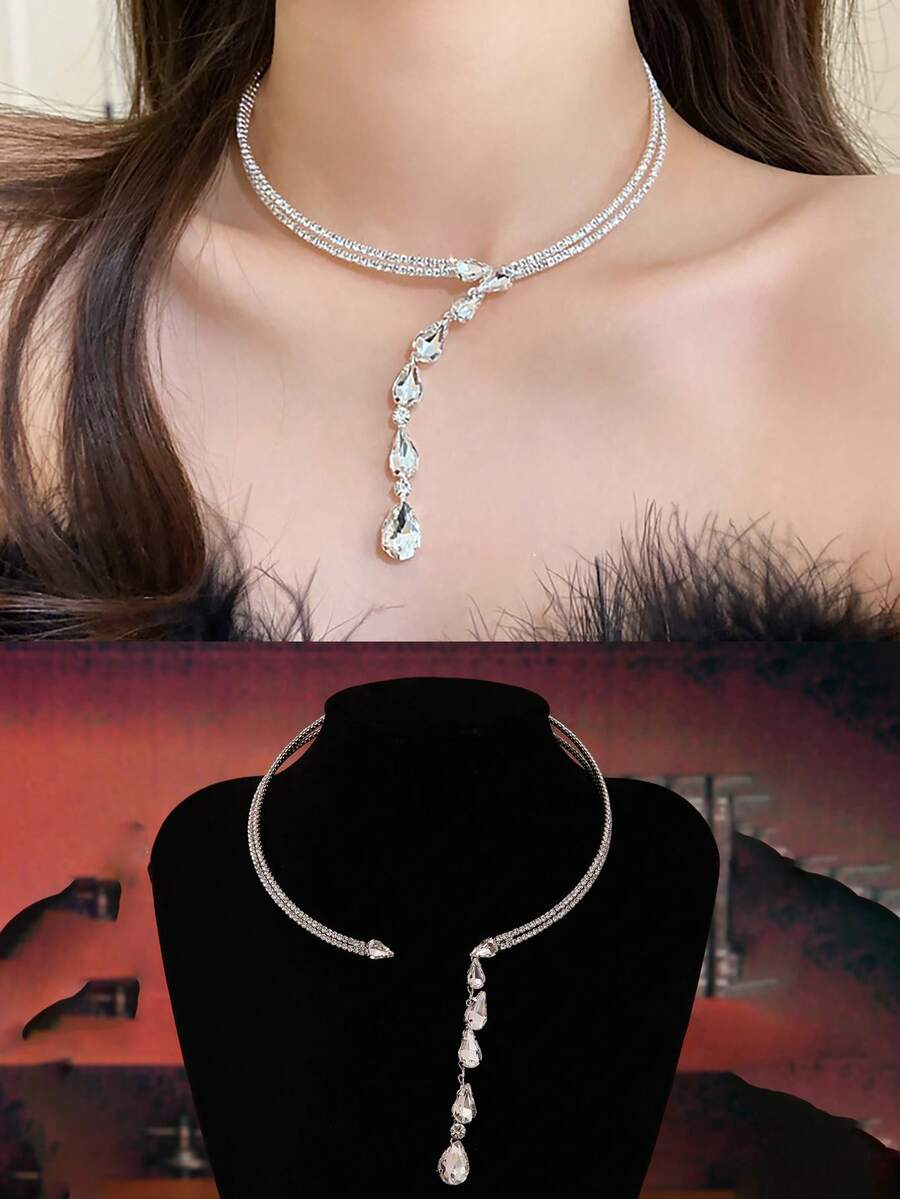 1 chiếc vòng cổ và dây đeo đầu công chúa hình giọt nước thanh lịch, mặt dây chuyền hình bầu dục, vòng cổ choker đính đá sang trọng đa năng, phụ kiện đội đầu cô dâu, trang trí chữ lấp lánh, đính pha lê, thích hợp cho các bữa tiệc, đám cưới, chụp ảnh.