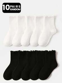 10 Pairs Kids/Girls Classic Black & White Lace Socks, Minimalist & Fashionable Moisture-Wicking Breathable Soft Sports Socks, Casual Comfortable Mid-Calf Socks, Suitable For Daily Wear, Travel, Leisure Activities, School Performance, Random Color - Black and White - View 7
