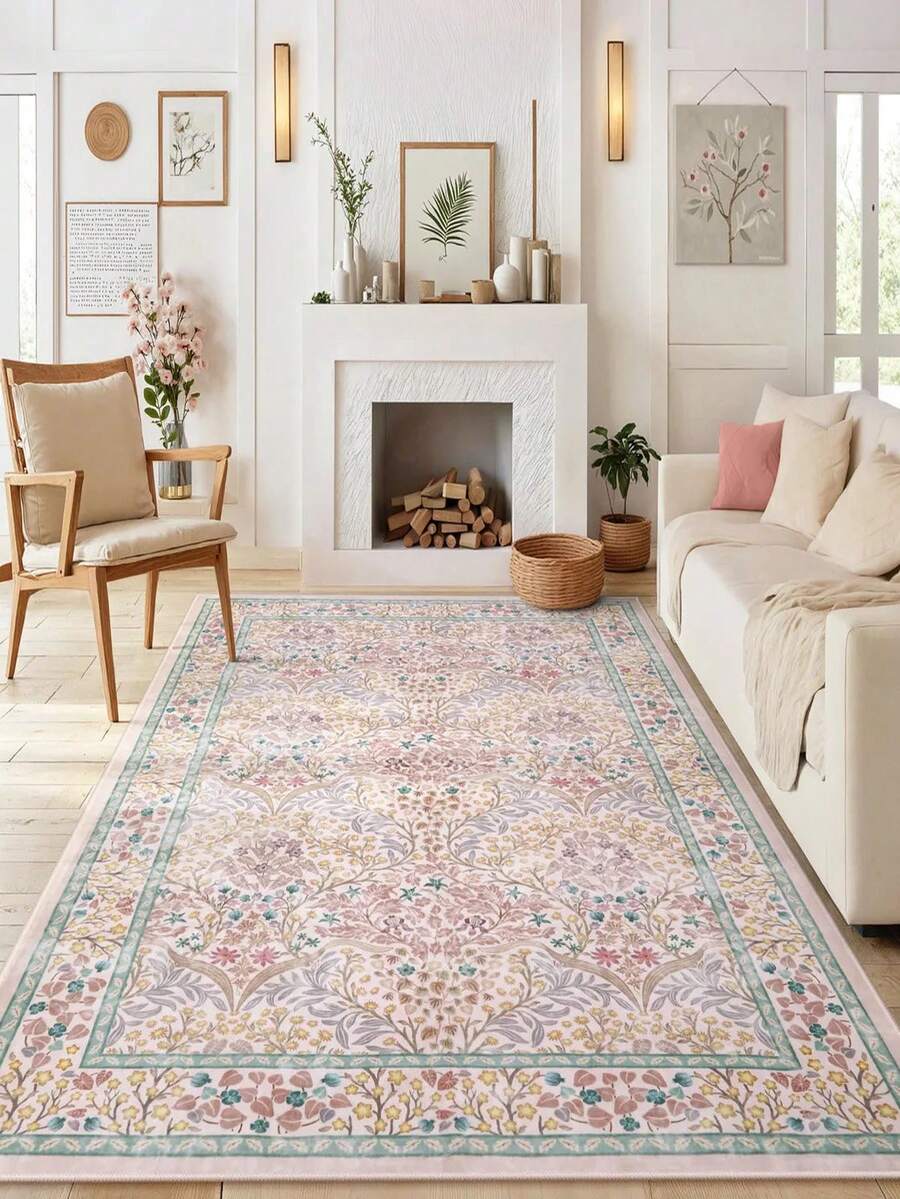1pc Fluffy Luxurious Soft Bohemian Vintage Pink Area Rug, Non-Slip Washable, Velvet Surface, Perfect For Living Room, Bedroom, Hallway - Elegant Courtyard Design, Baroque Pattern, Indoor Mat, Living Room Carpet - Màu Hồng baby - Xem 1