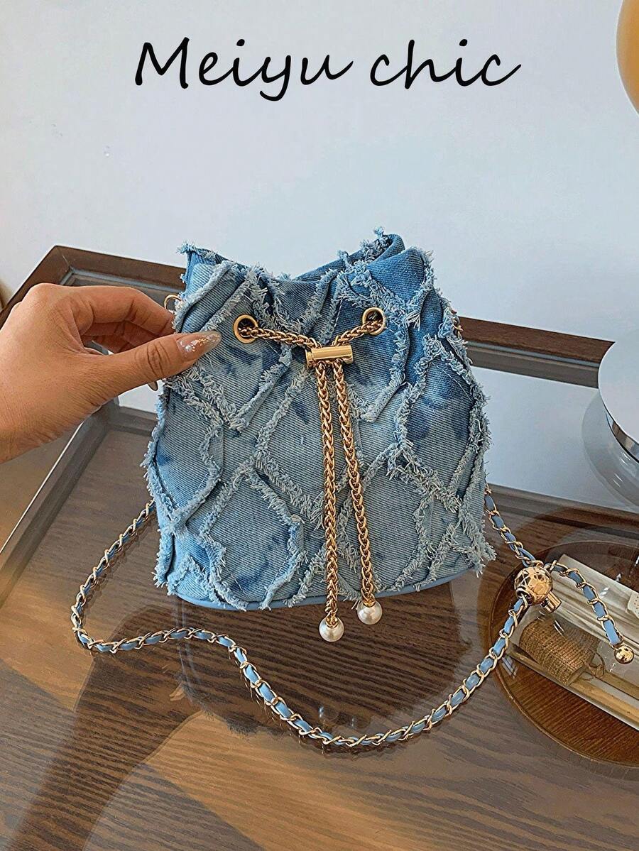 New Classic Versatile Solid Color Rhombus Textured Metal Drawstring Closure One Shoulder Bucket Bag, Elegant Women Wallet, Suitable For Shopping, Commuting, Parties And Other Occasions