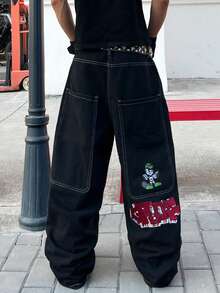 Infinite Jeans 1pc American Street Style Embroidered Large Pocket Men's Wide Leg Pants Loose Comfortable Fashion Shopping All Season Denim Jeans (Product Does Not Include Belt And Accessories) - Black - View 3