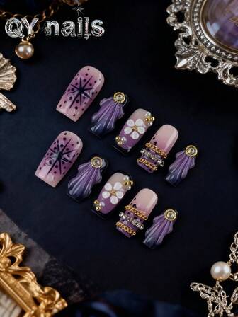 10 st/set press-on naglar, fyrkantiga naglar, medelstora naglar, vinternaglar, söt stil, nyårspresent, avtagbara, lämpliga för fest, dans, vardagskläder, studentfest, kontorscosplay, press-on och återanvändbara, med gelélim och nagelfil, nageltillbehör