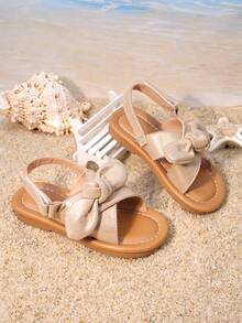 1 Pair Girls Glitter Bow Cross-Strap Sandals | Non-Slip Flat Open-Toe Ankle Strap Shoes | Stylish Summer Footwear For Casual Wear/Beach Trips - Champagne - View 5