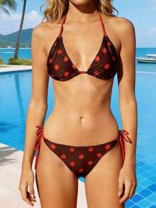 2pcs Women 2 Piece Bikini Set Dot Print Halter Neck Bra Tops And Thongs Casual Bathing Suits For Beach Pool - Đỏ - Xem 6