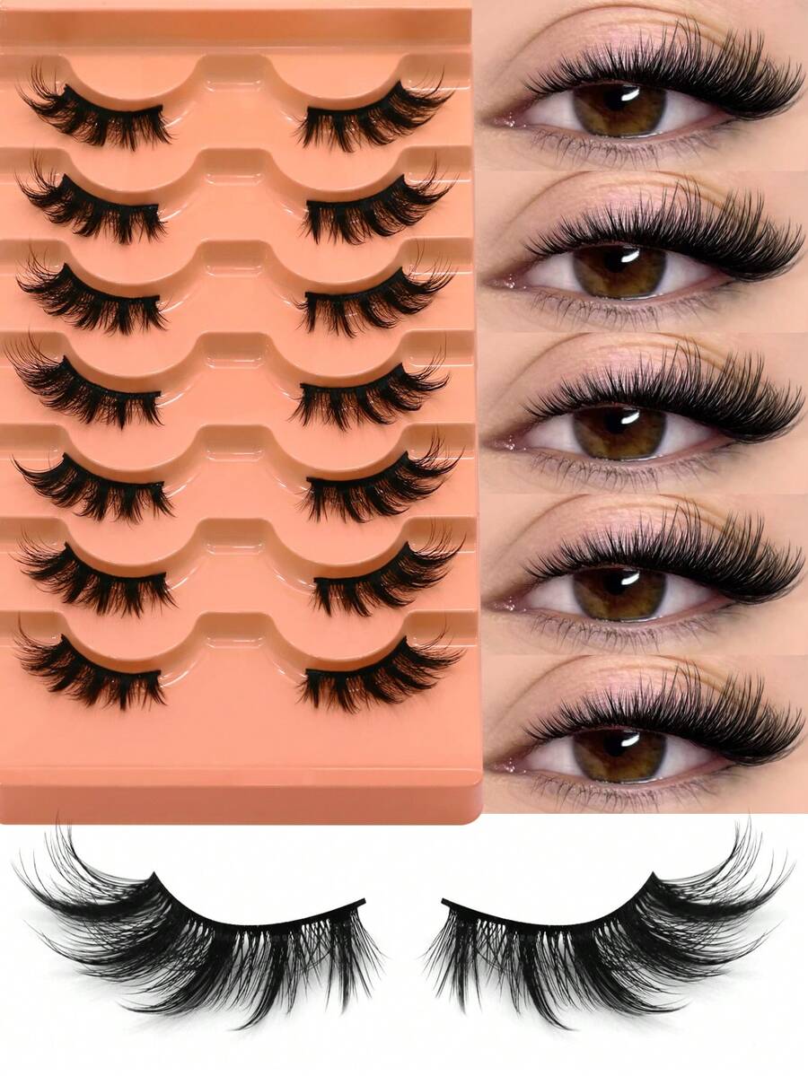 GROINNEYA 7对半截假睫毛，加长猫眼款，浓密卷翘，自然纤细，仿貂毛材质，蓬松柔软，适合日常佩戴、派对妆容、旅行必备，节日旅行必备单条假睫毛 - 半眼睫毛 - 查看 1