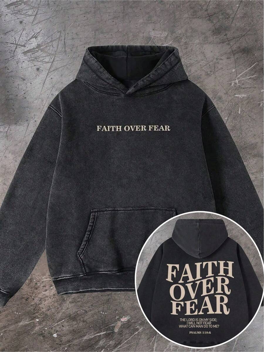 Men's Fashionable Autumn Washed Distressed Pocket Hoodie, Men's Vintage Washed Hooded Sweatshirt With Faith Over Fear Back Print - Y2K Streetwear Oversized Pullover, Pink & White Retro Lettering, Hip-Hop Campus Style, Loose Fit Casual Sweater For Men, All-Season Comfort, Machine Washable, Cordless Design With Front Pocket, Double-Sided Print, Relaxed Fit For Parties & Casual Attire, Sweatshirt For Men, Hoodie, Plus Size Hoodies For Men, Hoodie Jacket For Men, Thick Hoodies For Men - Street Fashion Outerwear - 煙灰黑 - 查看 1
