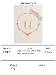 3pcs/Set Minimalist Elegant Round Bead Geometric Tassel Long Necklace & Earrings Jewelry Set, Suitable For Women's Wedding, Anniversary, Evening Gown - Gold - View 16
