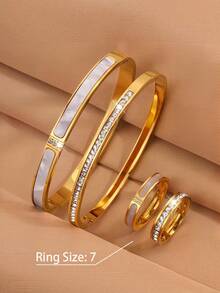 4pcs Stainless Steel Inlaid Shell Plated Gold Bracelet & Ring Set, Waterproof & Fade-Resistant, Suitable For Women's Daily Wear, Holiday Gift - SGS510 Gold - View 15