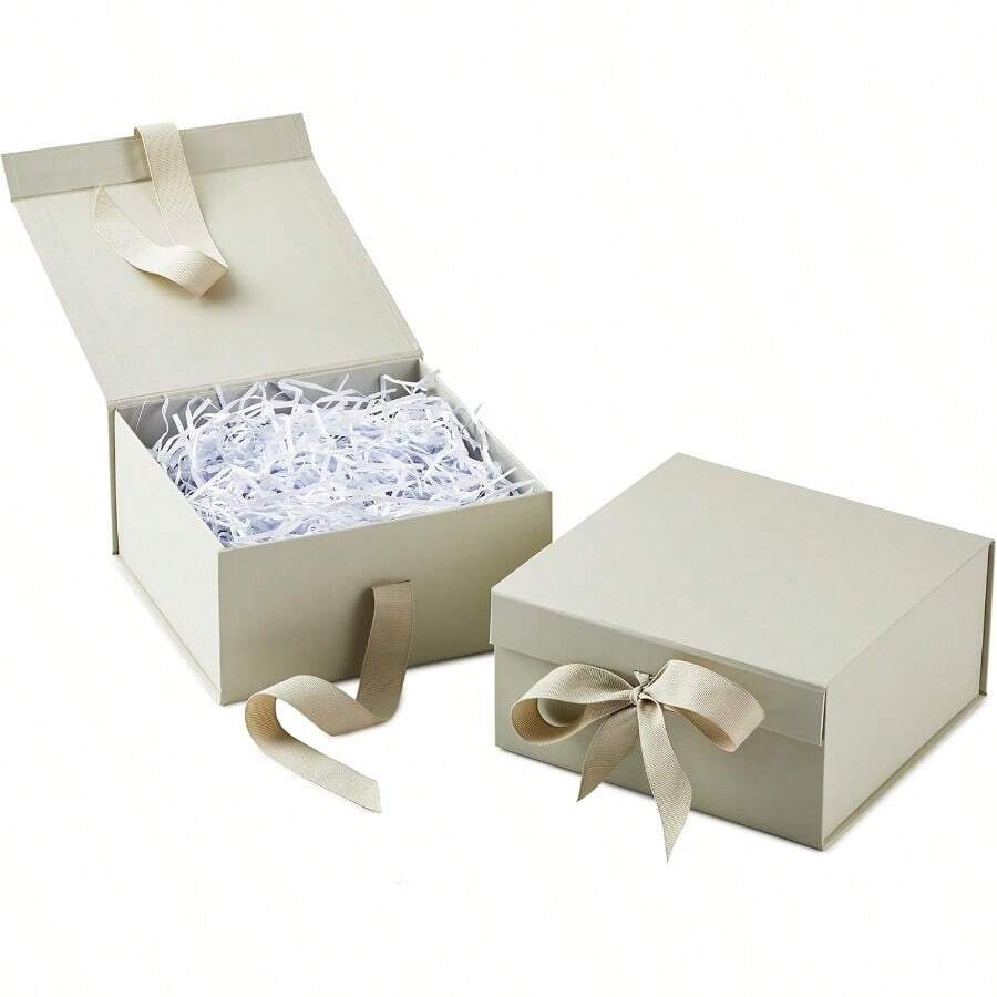 Hallmark - Cajas de regalo medianas con lazo y relleno de papel triturado paquete de 2 caja blanca envejecida de 8 pulgadas para bodas despedidas de soltera graduaciones cumpleaños regalos de - Blancoantiguo - Ver 1