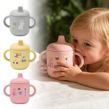 1个婴儿水杯，双把手设计，180毫升硅胶饮水训练杯，适合婴幼儿，彩虹图案，粉色杯身，可手洗和机洗