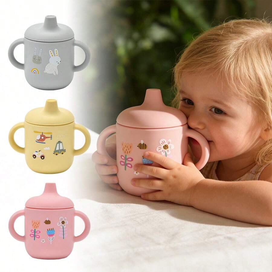 1个婴儿水杯，双把手设计，180毫升硅胶饮水训练杯，适合婴幼儿，彩虹图案，粉色杯身，可手洗和机洗